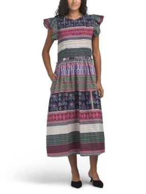 NWT - LEA Cotton Flutter Sleeve Smocked Bodice Variegated Print Midi Dress -Sz L